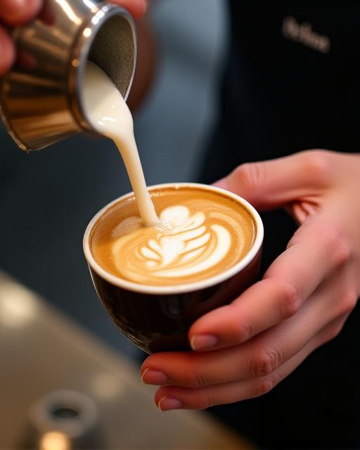 Primer plano de un barista creando un complejo dibujo de latte art